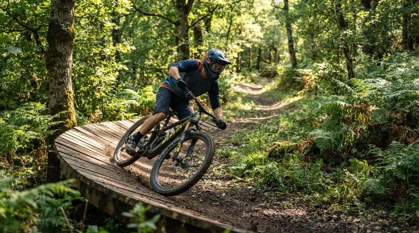 Vététiste casqué en appui sur un virage relevé en bois, sentier de forêt et fougères