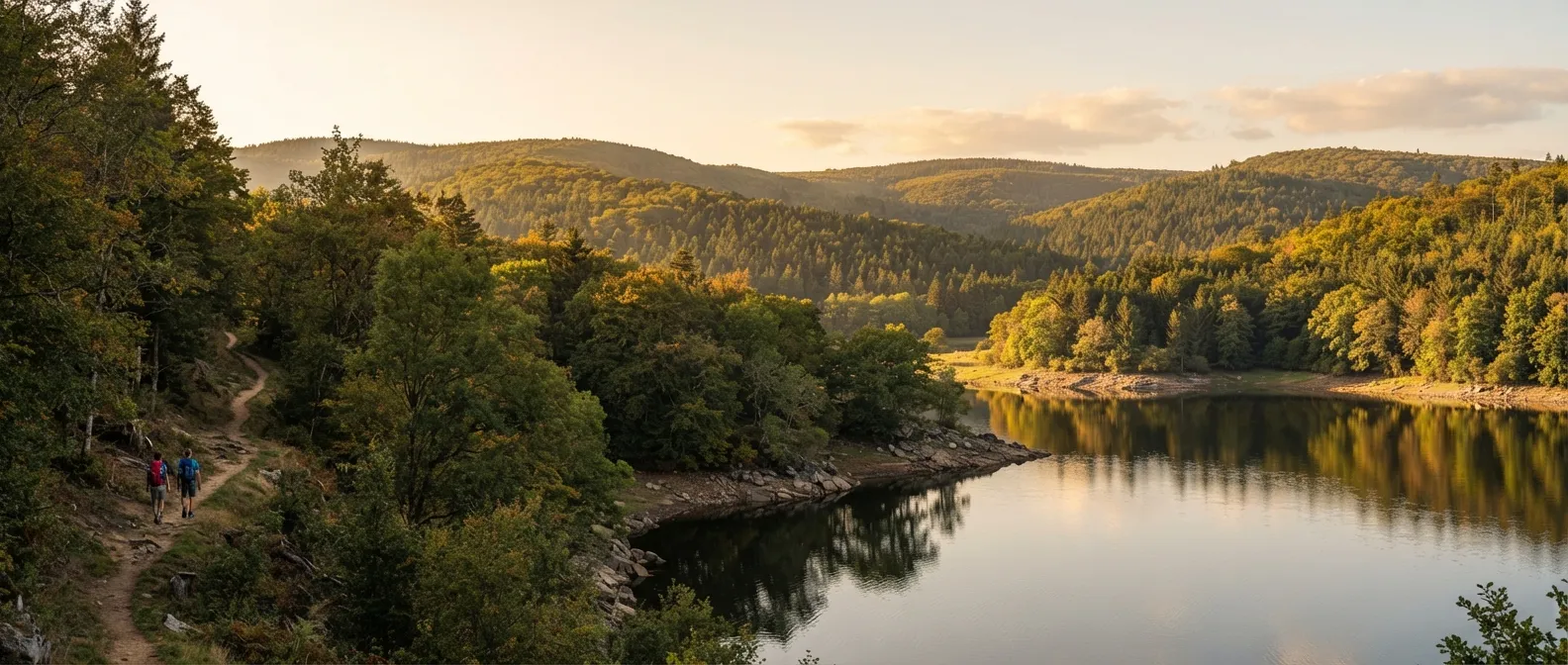 Lac de forêt dans le Morvan au soleil du soir, collines boisées à perte de vue, deux randonneurs sur un sentier de terre