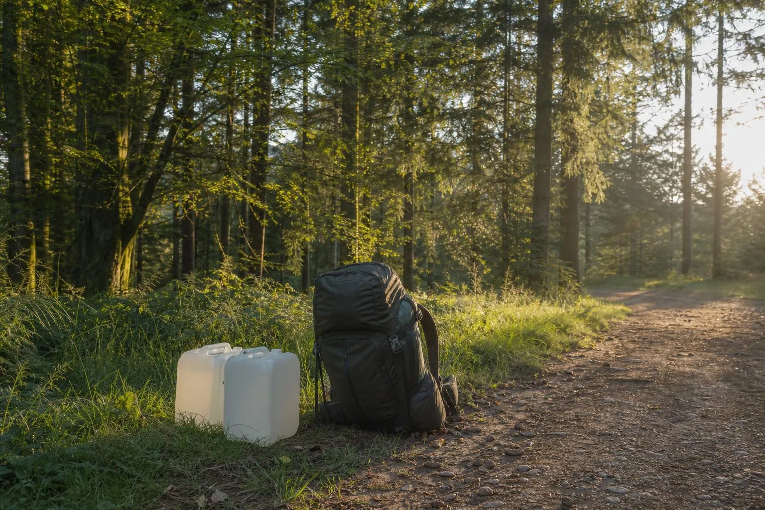 Deux bidons d'eau lestés et un sac à dos chargé posés au bord d'un chemin forestier du Morvan