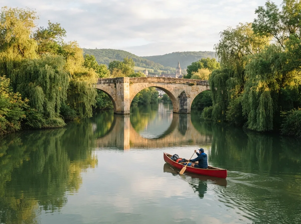 Canoë rouge sur l'Arroux devant un vieux pont de pierre, saules sur les berges