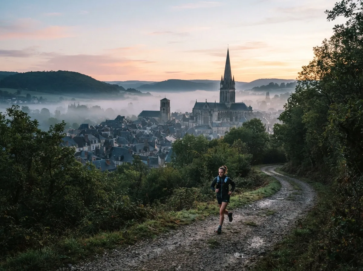 Toits d'Autun et flèche de la cathédrale vus de la colline Saint-Sébastien à l'aube, un coureur sur le sentier