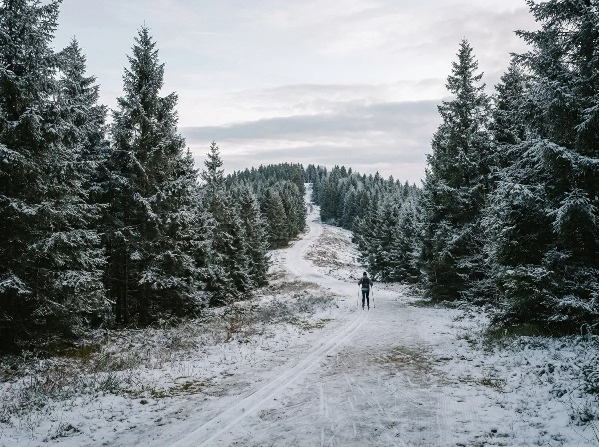 Crête de sapins du Haut-Folin sous une lumière d'hiver, traces de ski de fond dans une neige fine