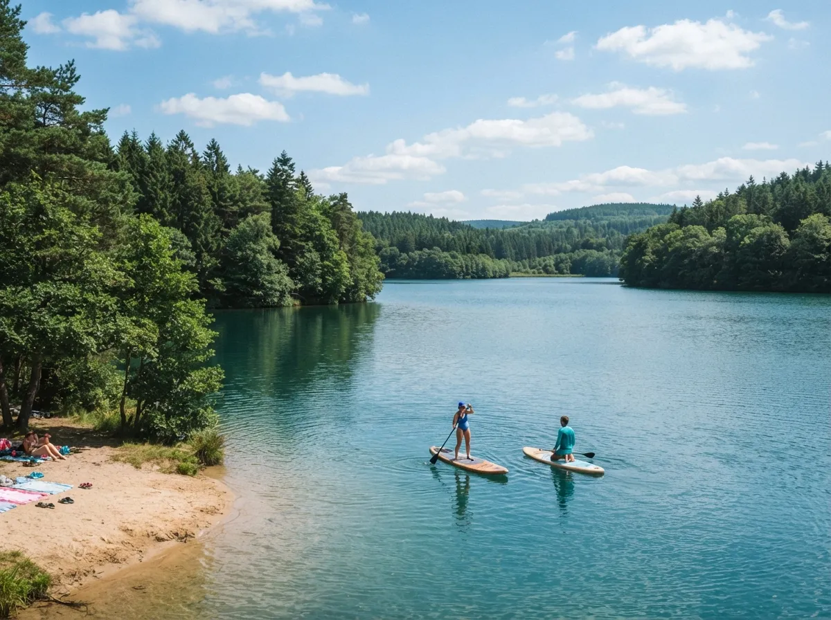 Deux personnes en paddle sur le lac des Settons, rives boisées et petite plage de sable