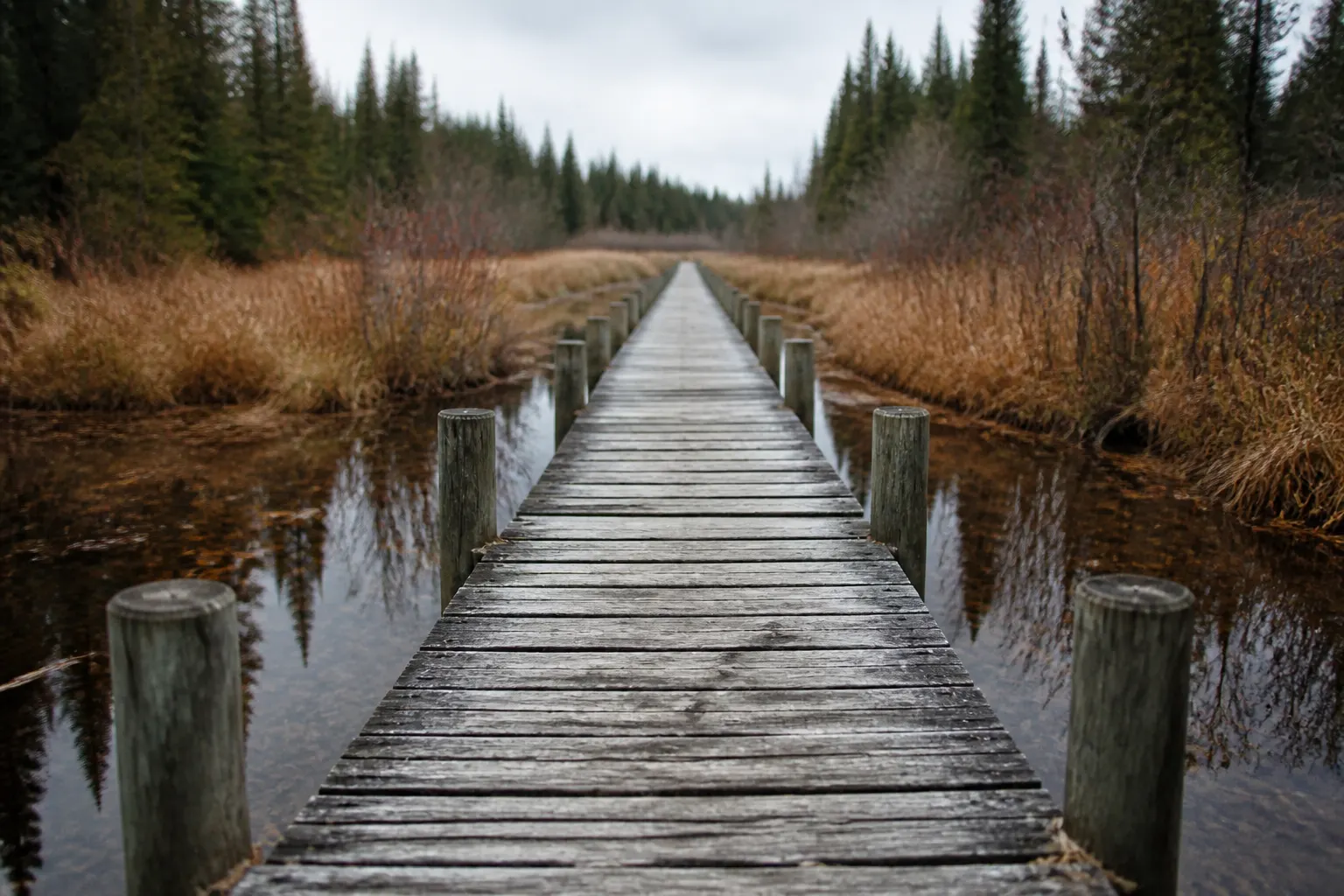 Passerelle de bois sur pilotis traversant la queue marécageuse du lac des Settons, entre roseaux et sapins