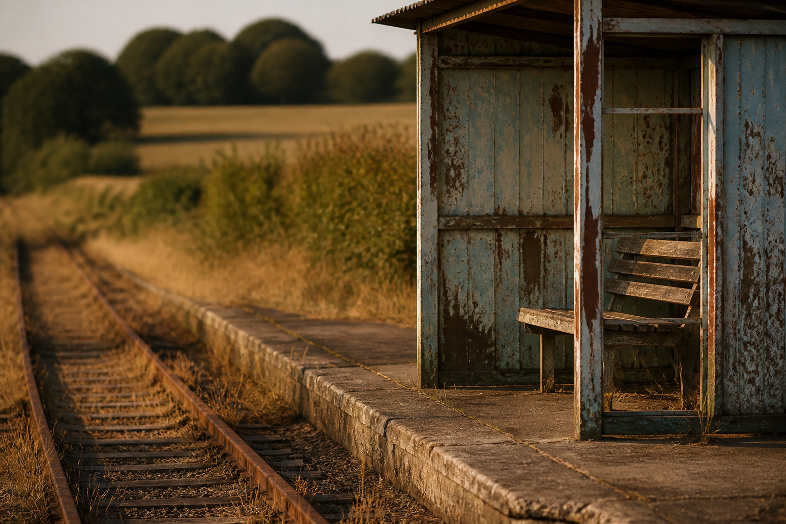 Quai de gare de campagne aux rails envahis d'herbe, avec un abri de quai en tôle et un banc de bois